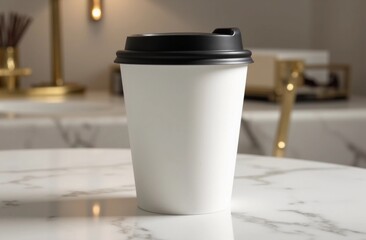 Minimalist Paper Coffee Cup Mockup - Black Lid on Marble Table