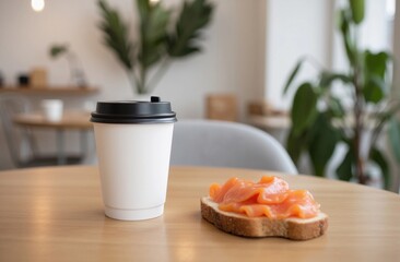 Minimalist Paper Coffee Cup Mockup - Black Lid on Marble Table
