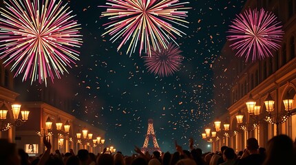 Obraz premium Fireworks Over the Ocean | Palms Silhouetted Against Fireworks | Nighttime Beach Party | high resolution 300 DPI image