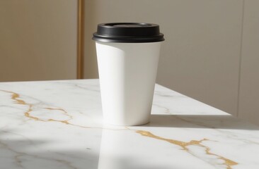Minimalist Paper Coffee Cup Mockup - Black Lid on Marble Table