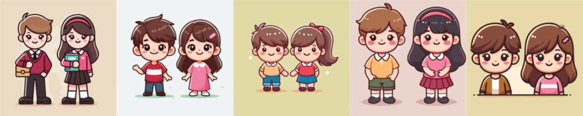 Vector collection of two little children, boy and girl