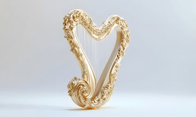 Golden harp studio shot, ornate detail, white background, music
