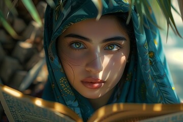 A young woman in a blue scarf gazes intently while reading a book outdoors.