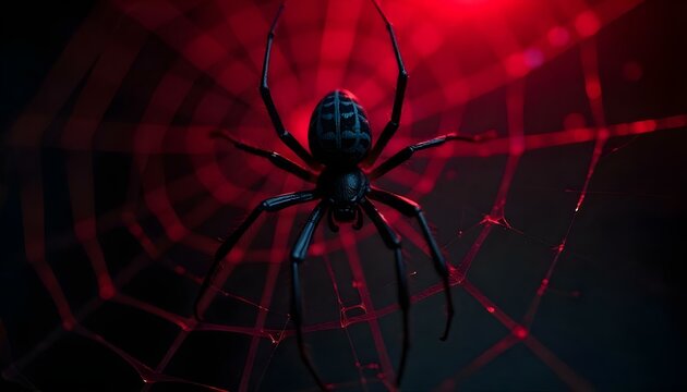 Spider with long legs on a web, glowing red light casting dramatic shadows