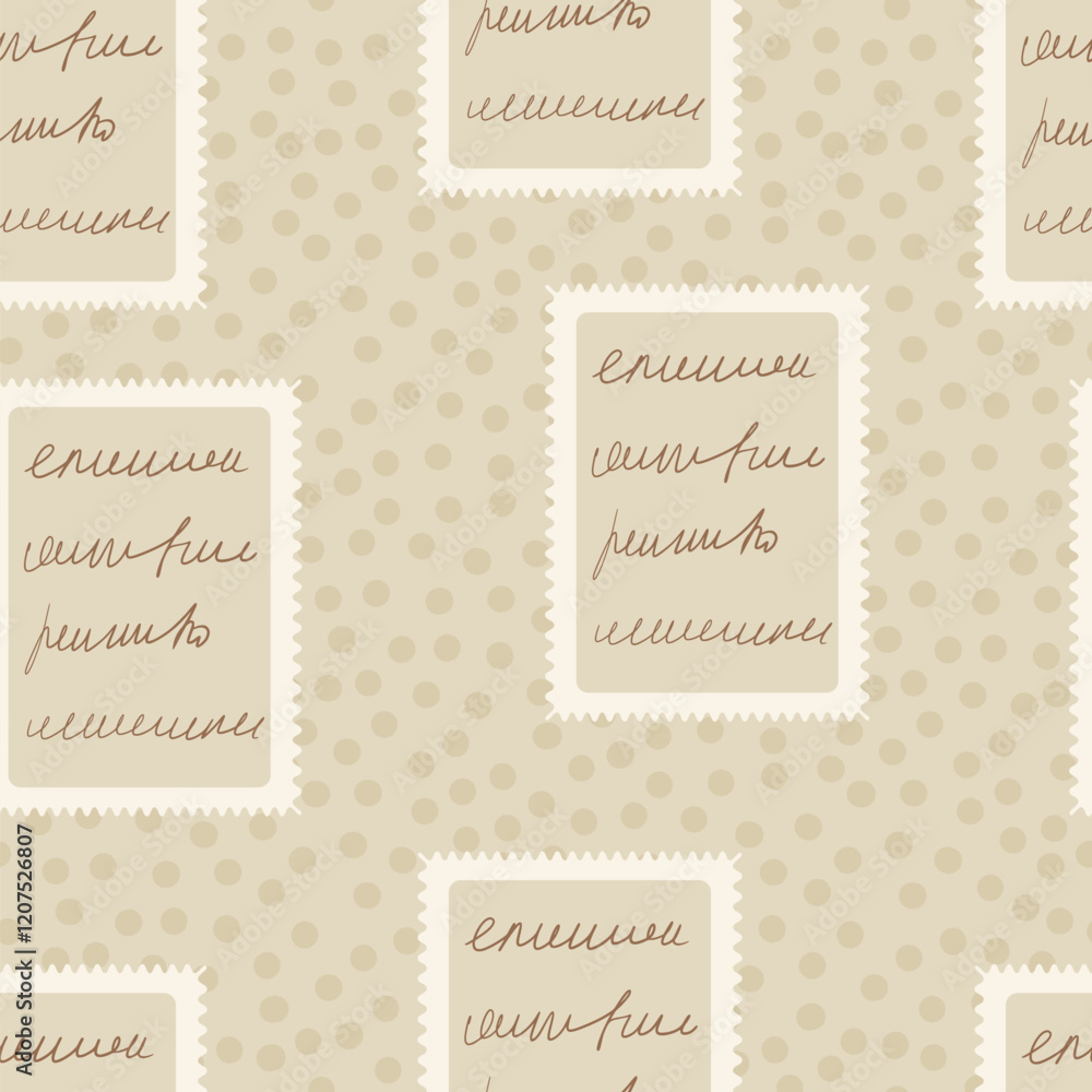 Poster scribble handwritten script text on post stamps seamless pattern. unreadable letter endless backgrou