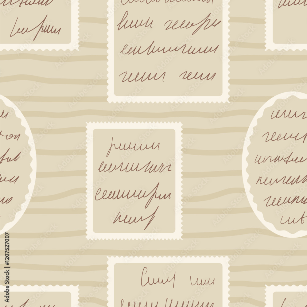 Poster scribble handwritten script text on post stamps seamless pattern. unreadable letter endless backgrou