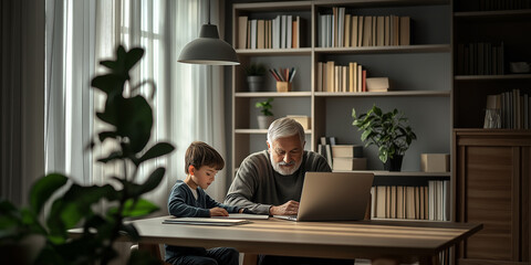 Happy old grandfather and little cute grandson laughing enjoying using laptop together sitting at table. Grandson with gray haired grandfather spending time at computer in home environment