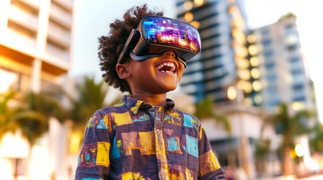 Mixed-race toddler in park joyfully exploring virtual reality while wearing VR headset