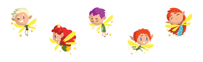 Cute Pixie Magical Creature Flying with Wings Vector Set