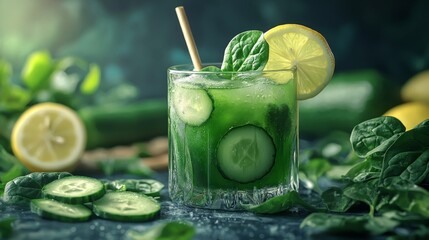 Fototapeta premium Closeup photorealistic image of green juice with fresh produce
