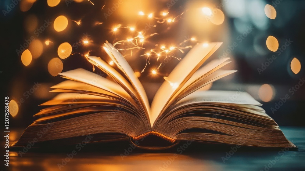 Aufkleber illuminated open book with bokeh lights creating a magical ambience at night