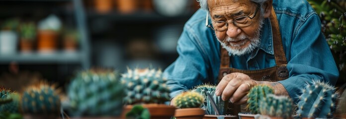 Obraz premium An elderly man carefully tending to vibrant cacti in a sunny greenhouse environment.