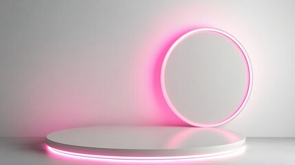 Obraz premium Heart-shaped podium for product display, Valentine's Day backdrop with neon ring on wall. Minimalistic stage for product promotion. Abstract geometric shapes in white and pink.