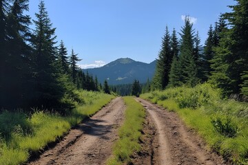 Obraz premium Scenic Dirt Road Through A Forest Leading To A Mountain Representing Adventure And Rural Tranquility