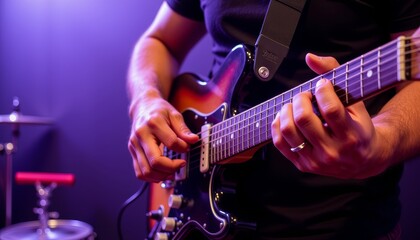 Obraz premium Jazz guitarist passionately strumming chords in moody lighting, music artistry