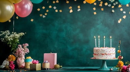 Birthday cake with cream frosting decorated with multicolored lit candles on a background. Happy Birthday concept.	