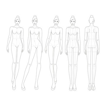 Five female line technical drawing croquis for flat fashion sketches and cads. 9 head vector mannequin design. Catwalk fashion figures