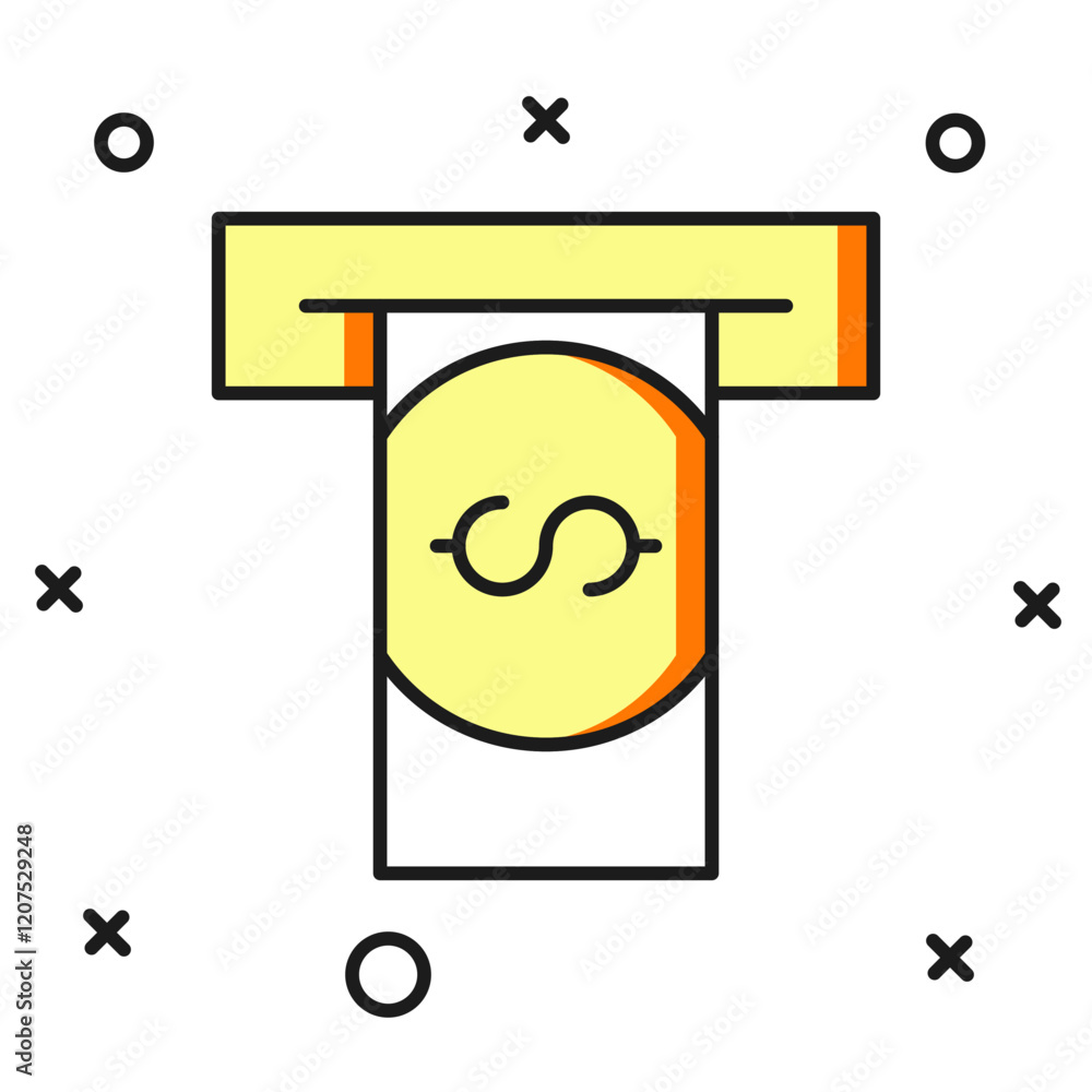 Poster filled outline atm - automated teller machine and money icon isolated on white background. flat fill