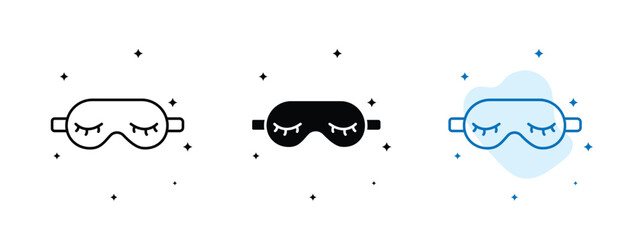 Set of 3 Sleeping Mask icons with 1 line icon, 1 silhouette and 1 unexpanded vector inside - cozy sleeping mask icon ideal for sleep related designs wellness apps or relaxation products