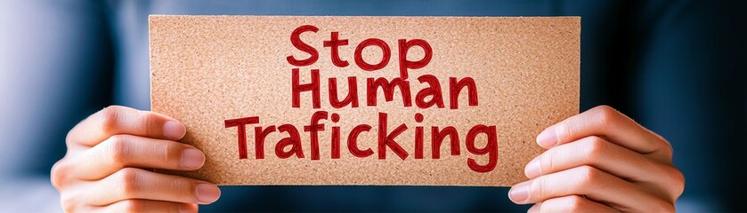 A person holds a sign advocating to stop human trafficking, symbolizing awareness and activism against this critical social issue.
