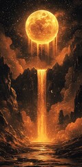 Fototapeta premium An enchanting illustration showcasing a landscape where cascading waterfalls flow down majestic mountains, underpinned by the glow of a vibrant moon and shimmering stars