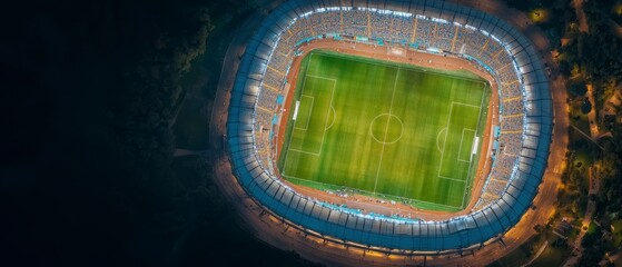 Night Aerial View  Illuminated Soccer Stadium  Crowd  Field  Lights