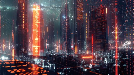 Fototapeta premium Futuristic Neon Cityscape with Tall Skyscrapers