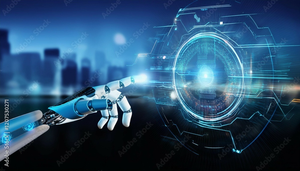 Poster ai robot hand interacting with holographic digital interface