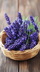 Fototapeta premium Fresh Lavender Blooms in Rustic Wicker Basket on Wooden Background