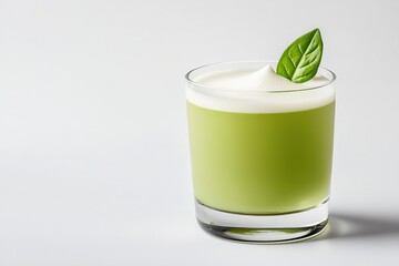 Make organic matcha at home Fresh green drink topped with foam and a basil leaf.