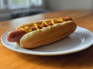 Appetizing hot dog on a white plate: