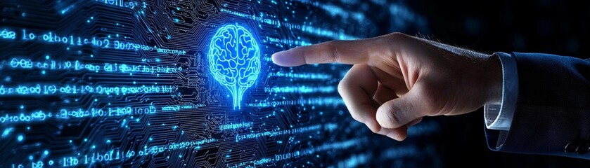 A hand points towards a glowing blue brain icon amidst flowing digital data, symbolizing the intersection of technology and intelligence.