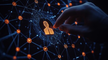 A hand interacts with a digital network, highlighting a lock icon, symbolizing cybersecurity and user protection in a connected world.