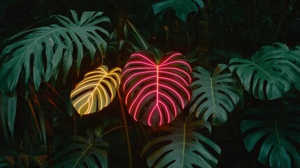 Fototapeta premium Neon Monstera Leaves Tropical Jungle Glowing Plants Dark Green Foliage