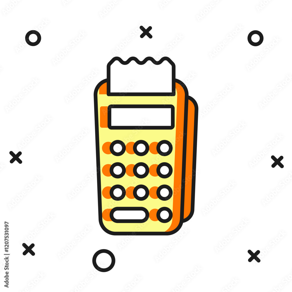 Poster filled outline pos terminal with inserted credit card and printed reciept icon isolated on white bac