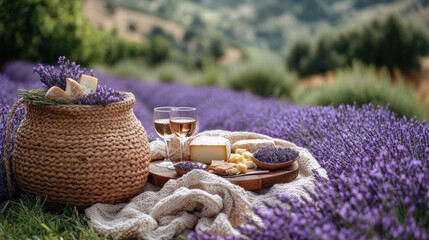 A picnic in a lavender field, with wine glasses, cheese platters, and a serene view of the purple blooms