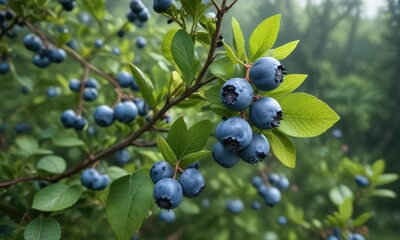 Blueberries ripe and juicy on a bilberry bush in the wild , luscious , juiciness