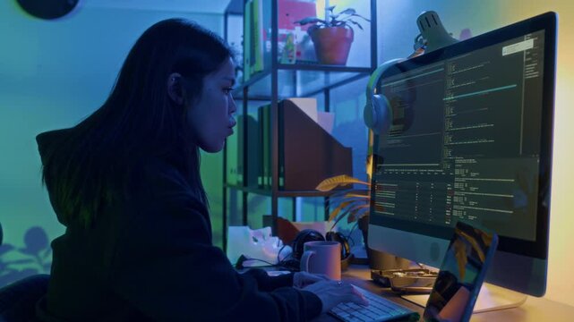 Side view of brunette gen Z female hacker in black hoodie installing malicious software on personal computer in companys office
