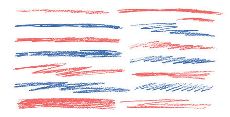 Crayon underline set. Pencil scribble lines pack. Vector hand drawn brush stroke collection illustration isolated on white background. Kids highlights handwritten shapes. Chalk red and blue emphasis.