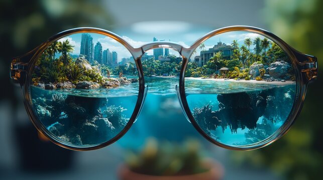 Metaphysical mirage characterized by surreal glasses, illusory water forms, dreamlike landscapes, and ethereal tones. Illustration