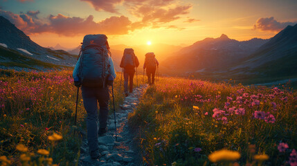 Outdoor activities such as hiking up a rugged mountain trail with backpacks and trekking poles