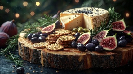 Photorealistic vegan charcuterie board composition with natural lighting