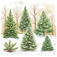 Winter Wonderland Snow Covered Evergreen Trees Watercolor Painting
