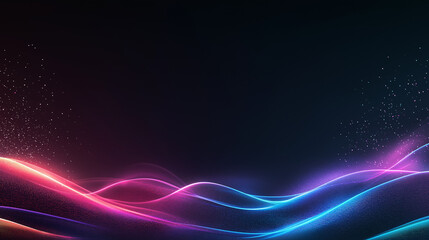 Obraz premium Abstract Neon Waves: Glowing, vibrant neon waves in pink and blue hues flow across a dark background, creating a dynamic and futuristic abstract landscape. Sparkling particles add to the magical.