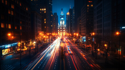 City lights illuminate the streets at night near the iconic clock tower