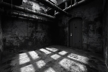 Dark, damp cell; barred window light, pipes overhead.
