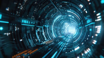 Obraz premium Futuristic Sci-Fi Cyber Tunnel with Blue Neon Lights