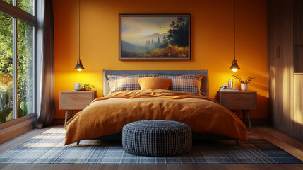 Cozy bedroom with an orange wall and modern furnishings creates a warm atmosphere