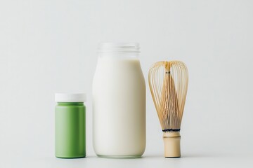 Make organic matcha at home Dairy and matcha essentials on a minimalistic background