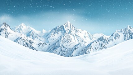 Obraz premium A serene winter landscape featuring snow-covered mountains under a clear blue sky with gentle falling snowflakes.